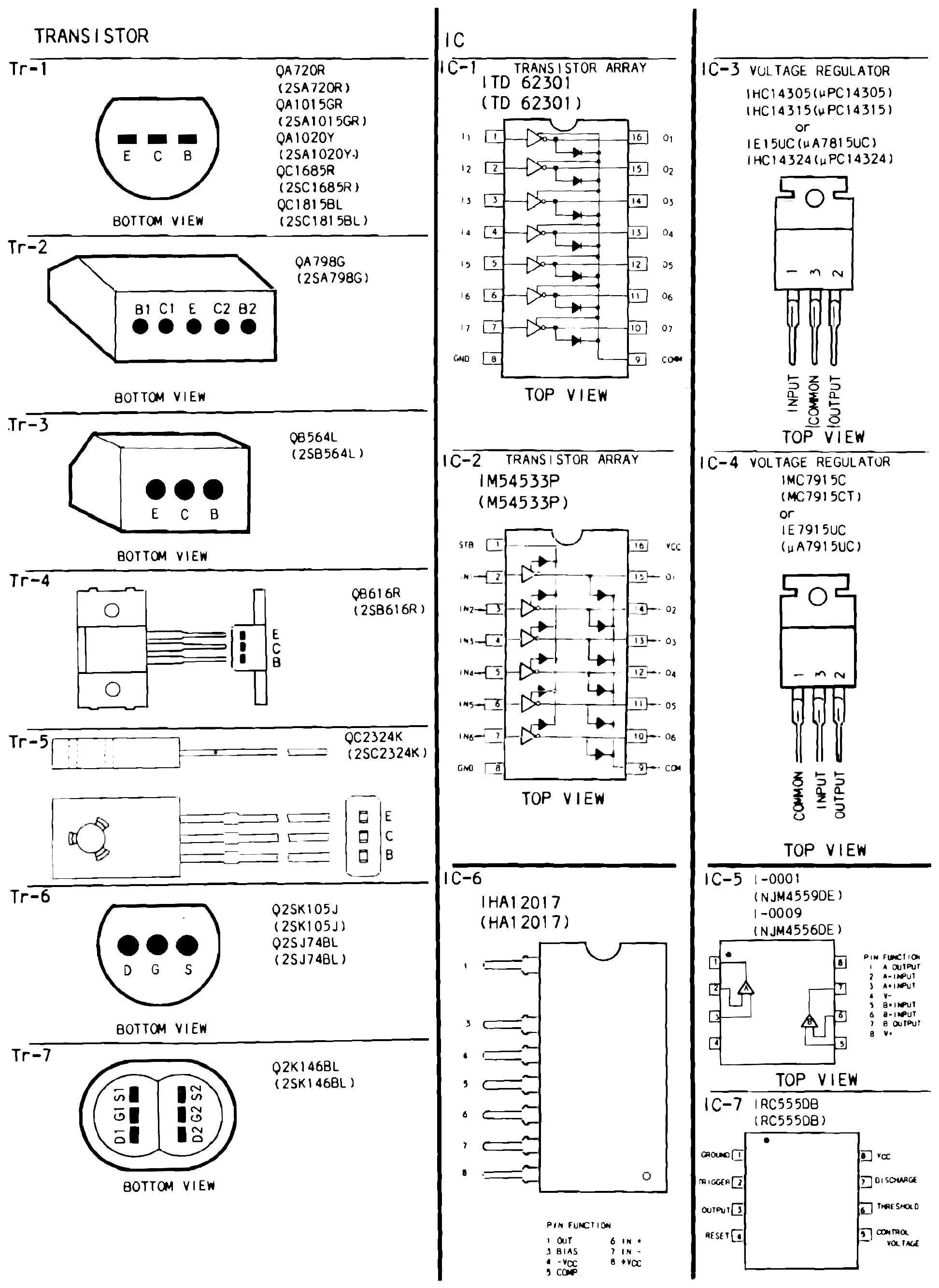 Pinout diagrams for transistors Tr-1 through Tr-7 and integrated circuits IC-1 through IC-7, showing each device's outline, bottom or top view, and its numbered pins or lettered terminals