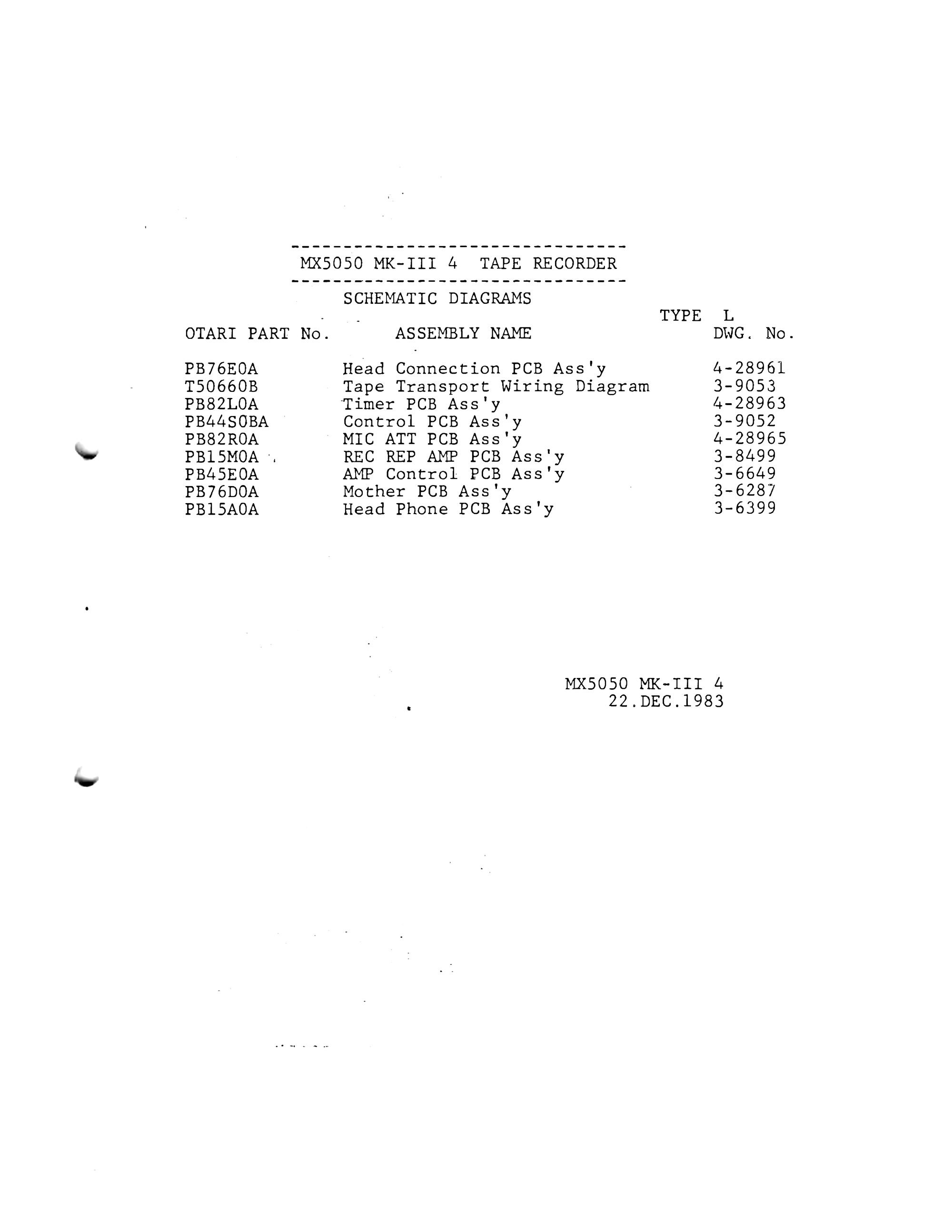 The schematic diagrams index sheet, listing the nine printed circuit board assemblies, their Otari part numbers and drawing numbers
