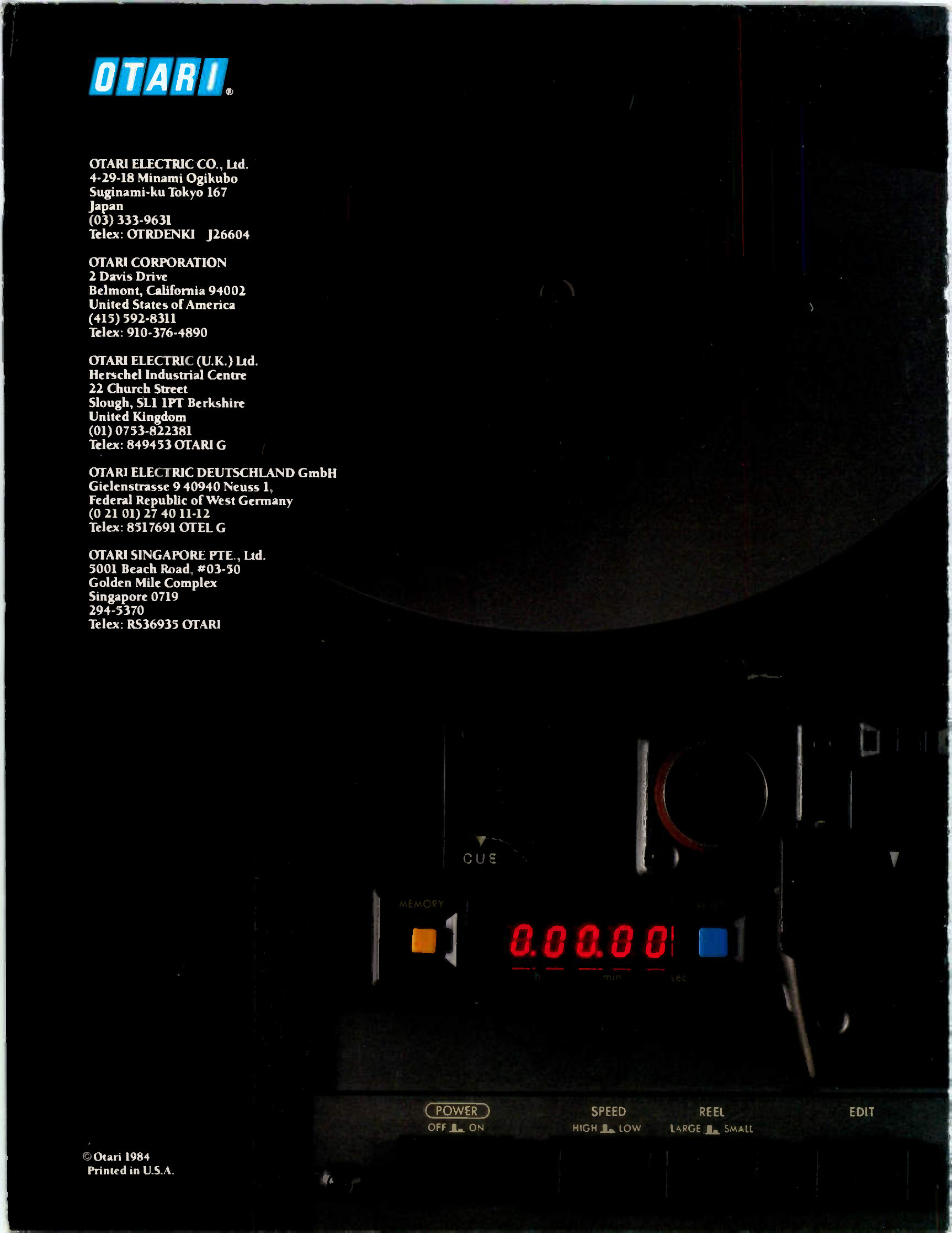 The dark back cover: an MX-5050 transport in near-darkness with its counter reading 0.00.00, the CUE legend above it, and the POWER, SPEED, REEL and EDIT switch legends picked out along the bottom edge.