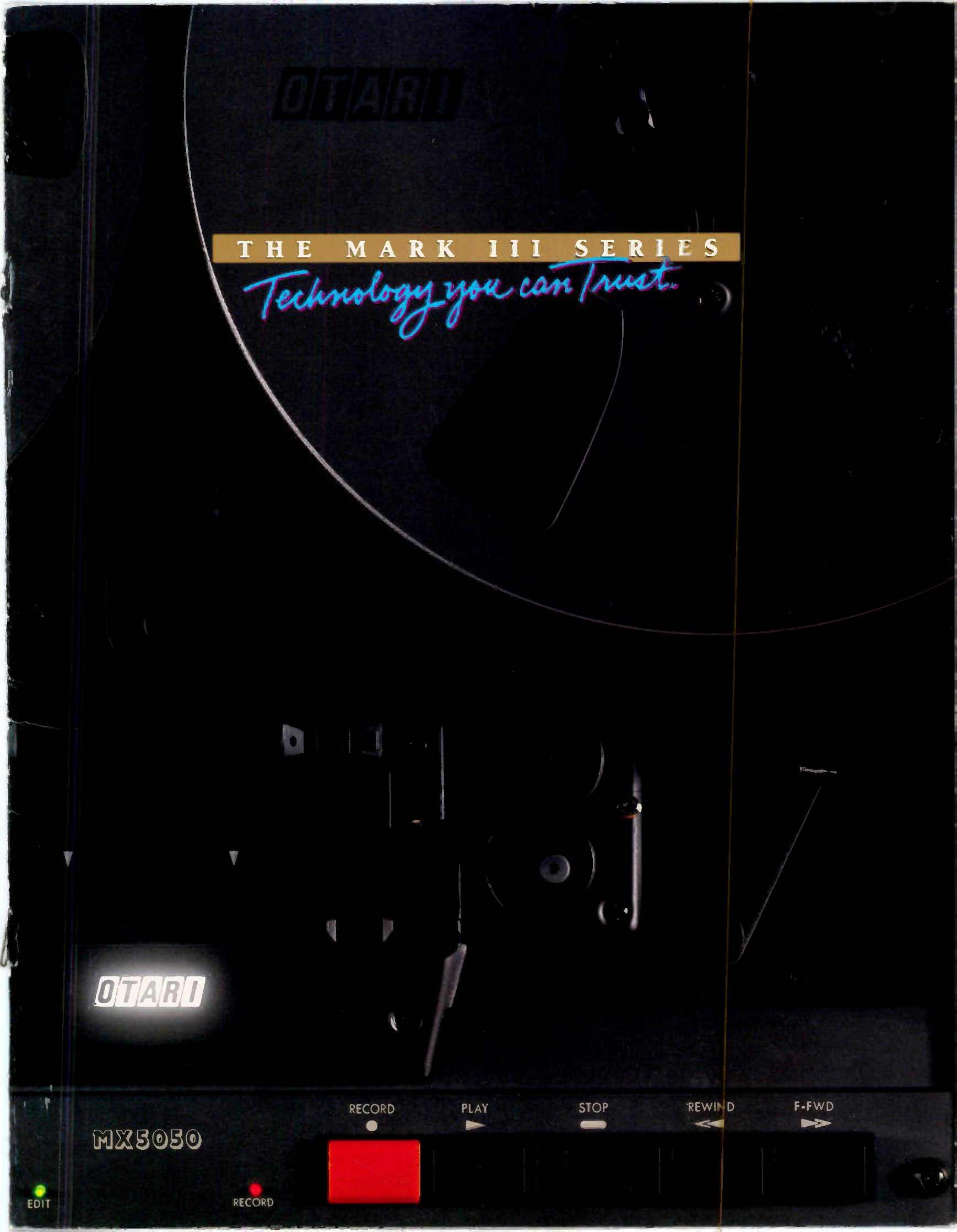 The brochure's dark front cover: an MX-5050 transport photographed from above in near-darkness, one reel flange catching the light, the Otari wordmark at the head of the deck and again on the reel hub, with the transport control row — RECORD, PLAY, STOP, REWIND, F•FWD — lit across the foot of the page.