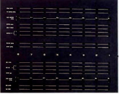 The recorder's rear panel: eight vertical channel strips of recessed adjustment trimmers on a black panel, numbered 8 through 1 across the middle, each strip labelled in small screened type down the left edge.