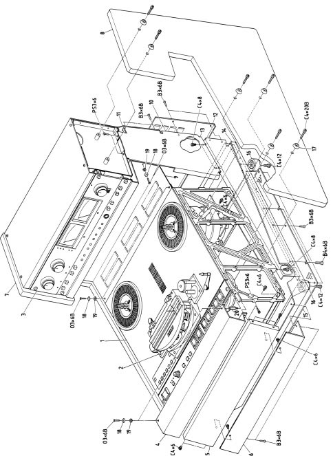 Case Assembly: K1170: isometric exploded view of the MKIV-2 case, showing the top cover panels, side panels with the control-panel and VU-meter cutouts, rear panel, bottom frame and case feet, with the connector panel, tape-deck, head and amplifier assemblies shown in place, each part numbered 1-20 and its fastener code (O3x6B, PS3x6, C4x6, C4x8, C4x12, C4x20B, B3x6B, B4x6B) on a leader line.