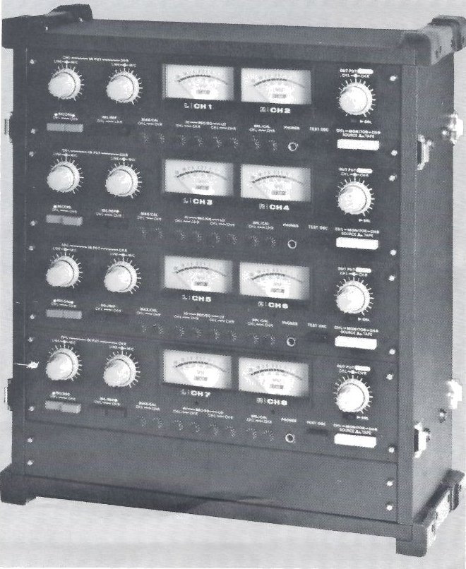 The MX-5050-8 electronics in its own case: four stacked two-channel panels, each with a pair of VU meters labelled CH 1 to CH 8, input knobs at the left and an output knob at the right