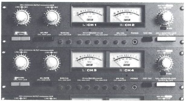 The front panels for channels 1 to 4 of the MX-5050-8 electronics: ganged LINE and MIC input knobs at the left of each panel, the two VU meters in the middle, the output knob at the right, and a row of record, selective reproduce and calibration controls beneath