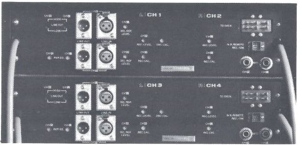 The rear of the MX-5050-8 electronics for channels 1 to 4: XLR line input and output connectors for each channel, the rear-panel adjustment holes beside them, and a multi-pin socket and a pair of jacks at the right