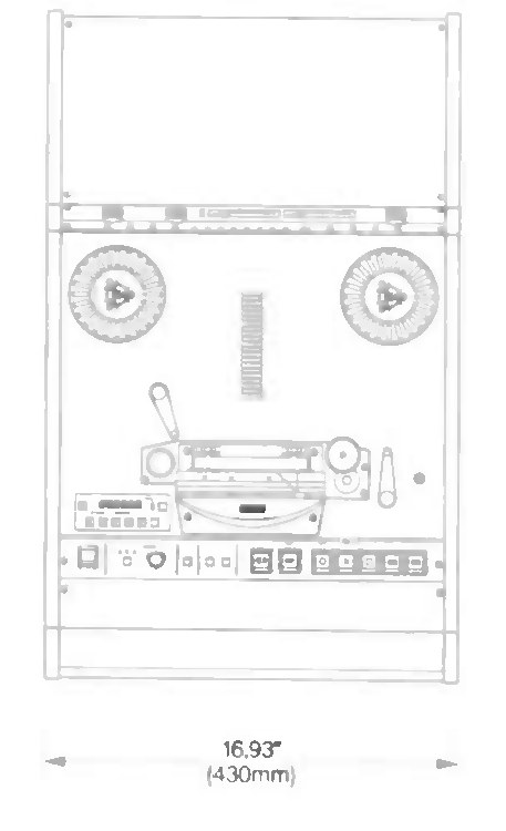 Front elevation of the desk-top cabinet as a fine grey line diagram, turned the right way up: the side panels rise as narrow rails at either edge and a plain panel fills the top of the cabinet. Below it the deck shows the two knurled reel hold-down knobs to left and right of a vertical tape-path detail, the head block with capstan and pinch roller beneath them, and a row of small keys and switches along the front. It is dimensioned 16.93" (430mm) across the foot.
