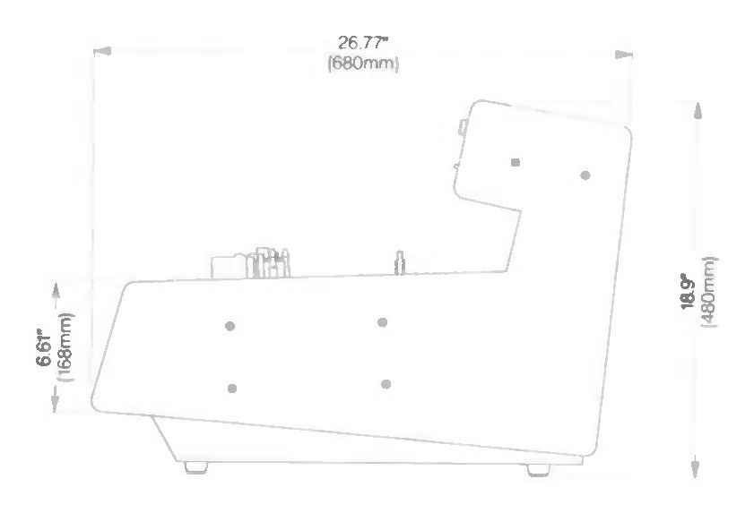 Side elevation of the desk-top cabinet as a fine grey line diagram: a long wedge with a low rounded front edge at the left, rising to the raised rear section that carries the electronics panel at the right, with the head block and a guide standing proud of the sloping deck, and six fixing points along its side — four round ones set as two pairs on the sloping panel, and on the raised rear section a square one and a round one. The whole stands on two small feet. It is dimensioned 26.77" (680mm) across the top for the overall depth, 18.9" (480mm) down the right-hand side for the overall height, and 6.61" (168mm) at the left for the height of the low front edge.