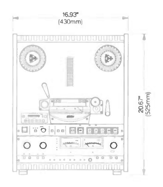 Front elevation of the recorder standing upright, drawn as a fine grey line diagram: the two reel tables at the top with the tape path and head block between them, a row of transport and function keys across the middle, and two VU meters flanked by rotary controls below. It is dimensioned 16.93" (430mm) across the top and 20.67" (525mm) down the right-hand side.