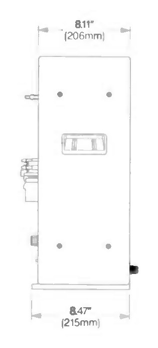 Side elevation of the same upright recorder as a fine grey line diagram: a tall rounded rectangle for the side panel with four fixing points, a rectangular recess at its centre, connectors standing out from the left-hand (rear) edge and a small fitting at the lower right, all on a base rail that overhangs the panel slightly. It is dimensioned 8.11" (206mm) across the top and 8.47" (215mm) across the base.
