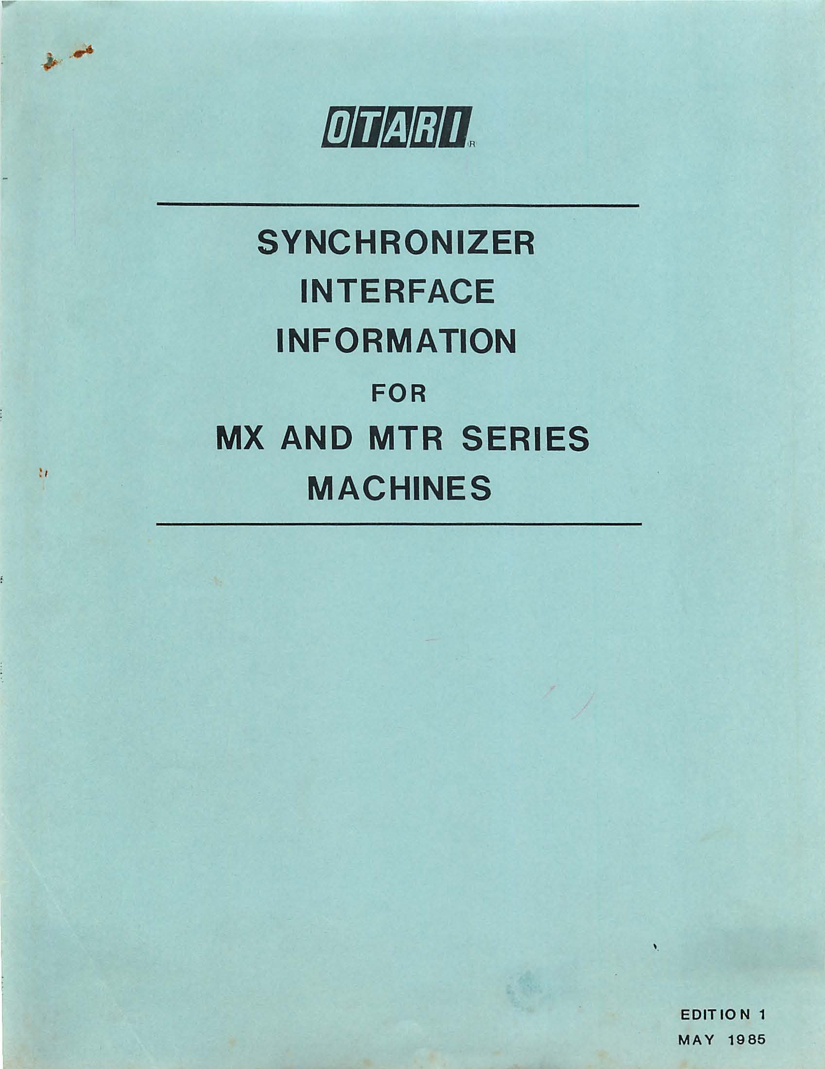 Cover of Otari's Synchronizer Interface Information for MX and MTR Series Machines, Edition 1, May 1985: black type on pale blue card