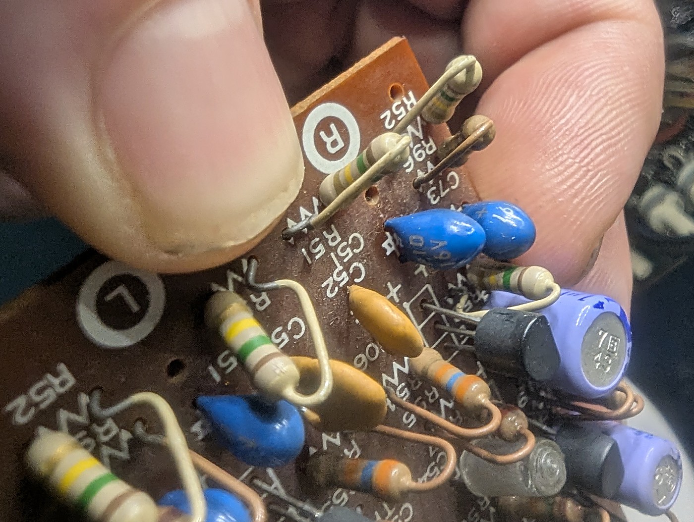 The replay-input corner before desoldering — 1977 tantalum beads on the head inputs.