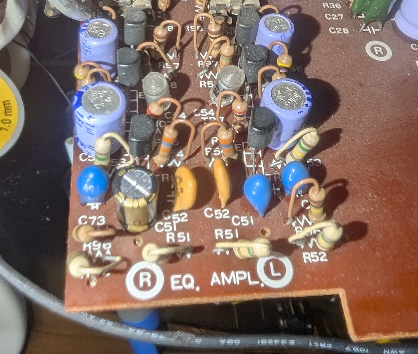 The EQ AMPL zone before session 1 — tantalum beads among the 1977 electrolytics.