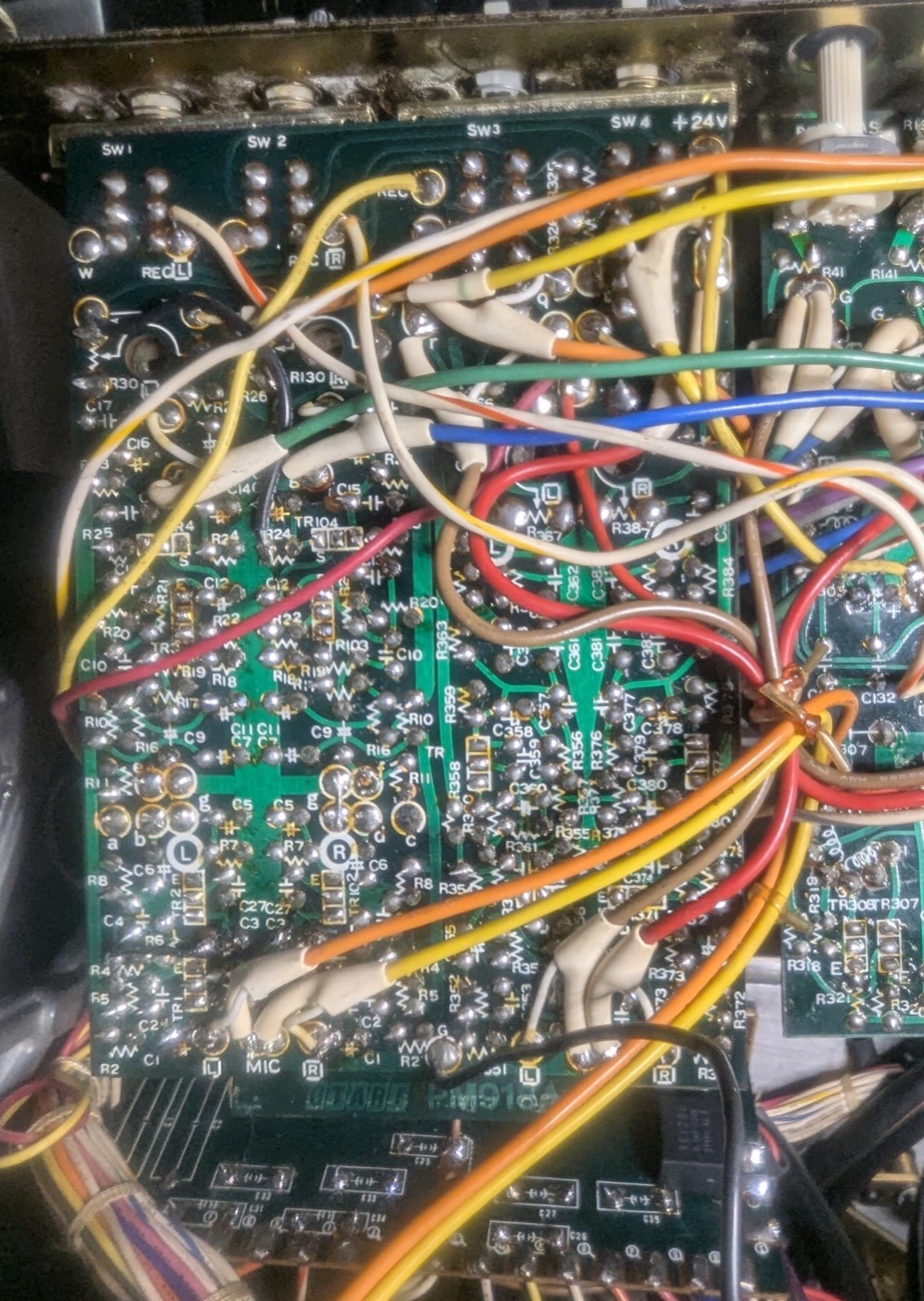 Session 3's working shot — the input board flipped solder-side up, the busiest board of the three.