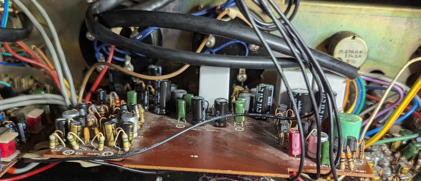 PM917A — the record and EQ amplifier board, both zones on fresh capacitors.