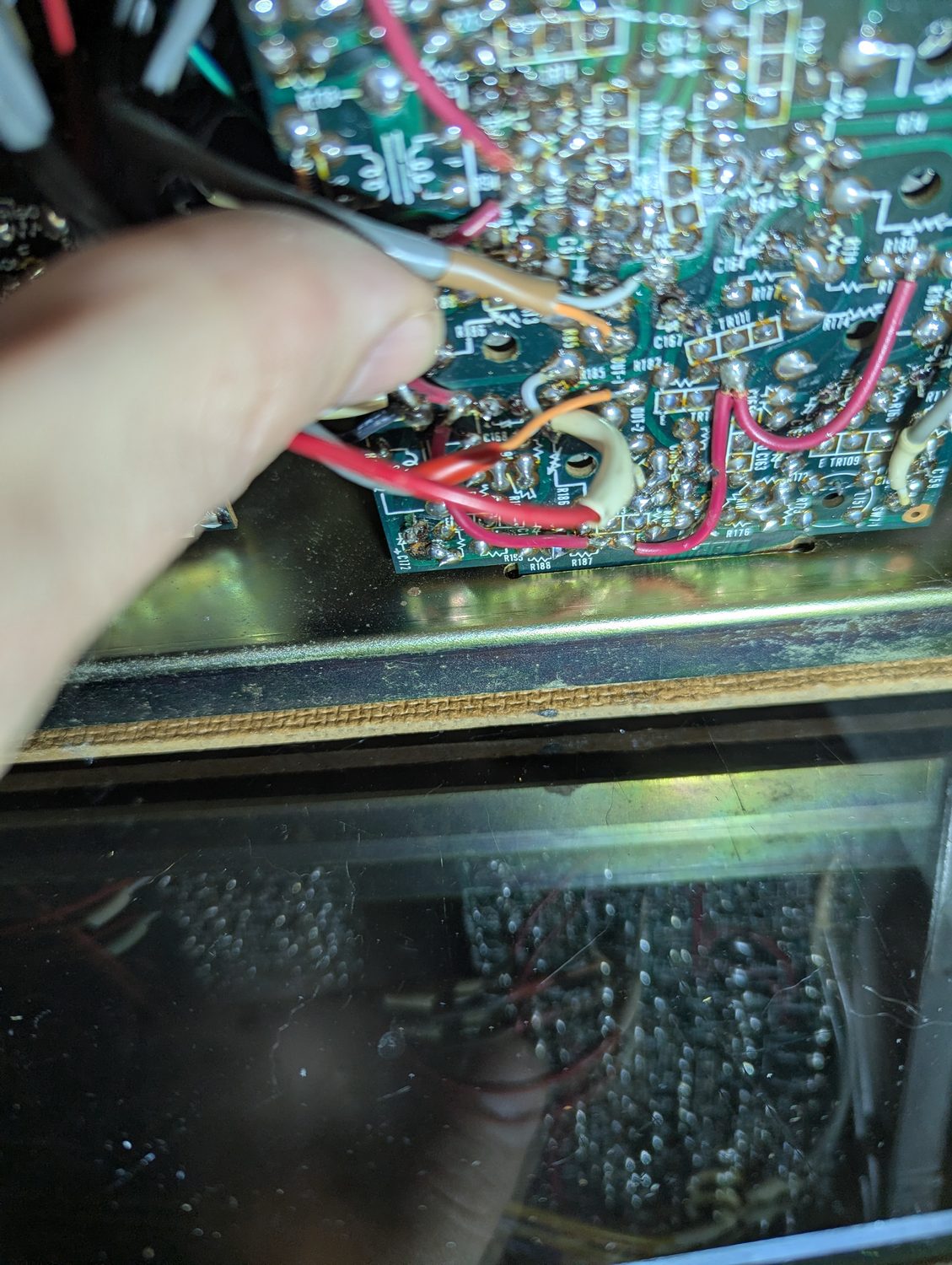 R186, the CH-2 VU trimmer, turned on the solder side of PA-285 with the board still wired into the deck.
