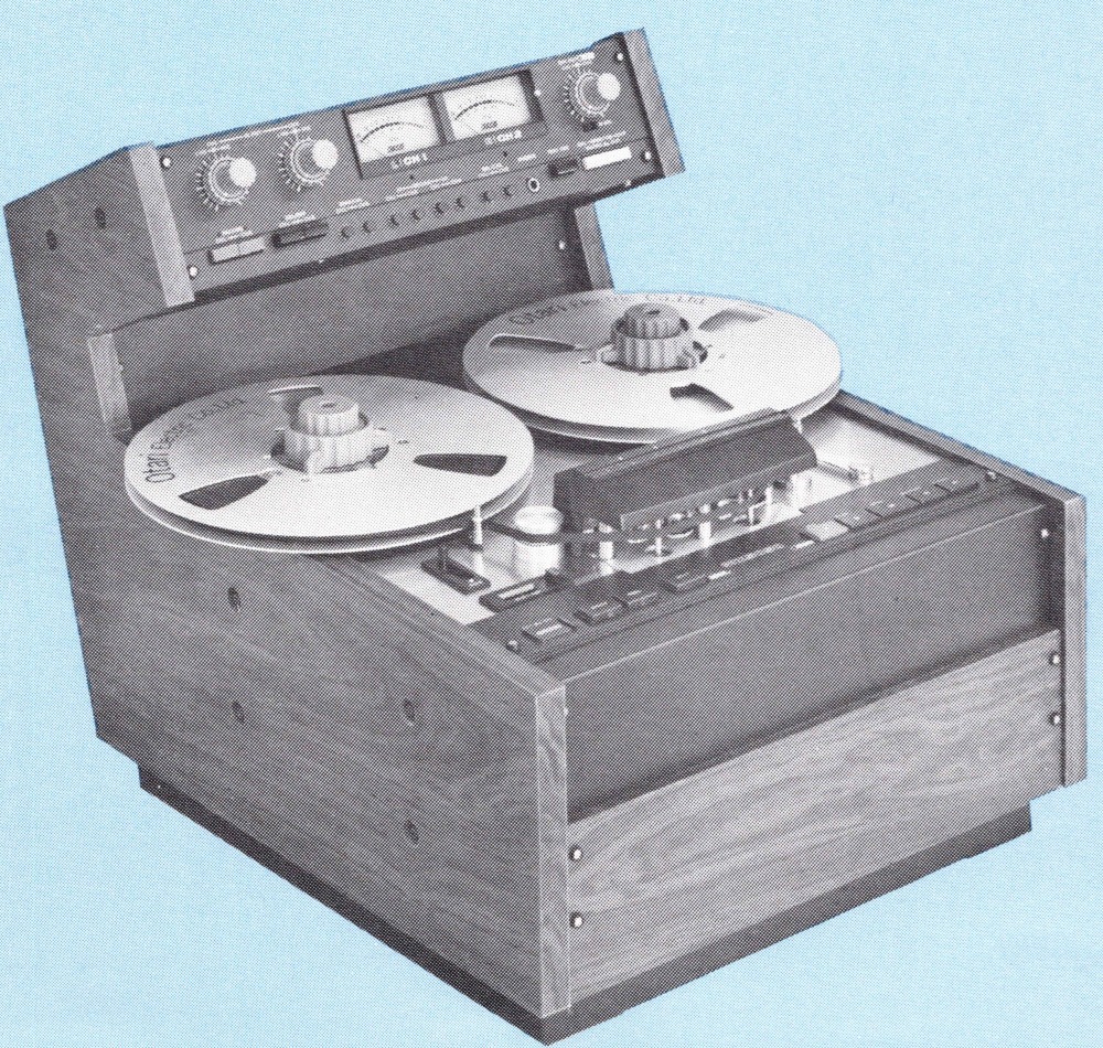 Otari's photograph of the Mark II in its table-top console: two reels on the horizontal transport, with the separate two-meter electronics unit raised behind them.